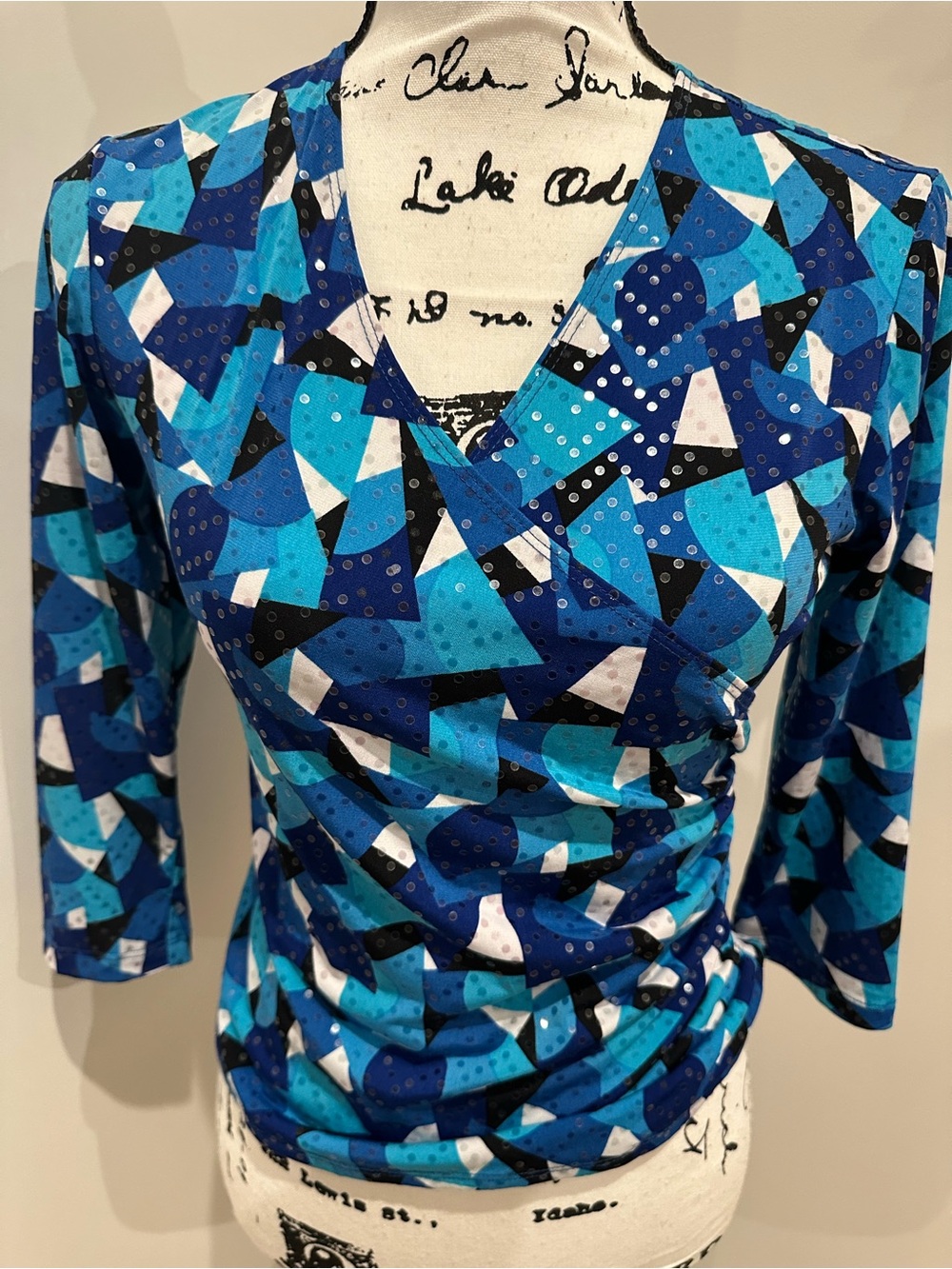 🩵MSK Blue Geometric V-Neck Long Sleeve Wrap Top